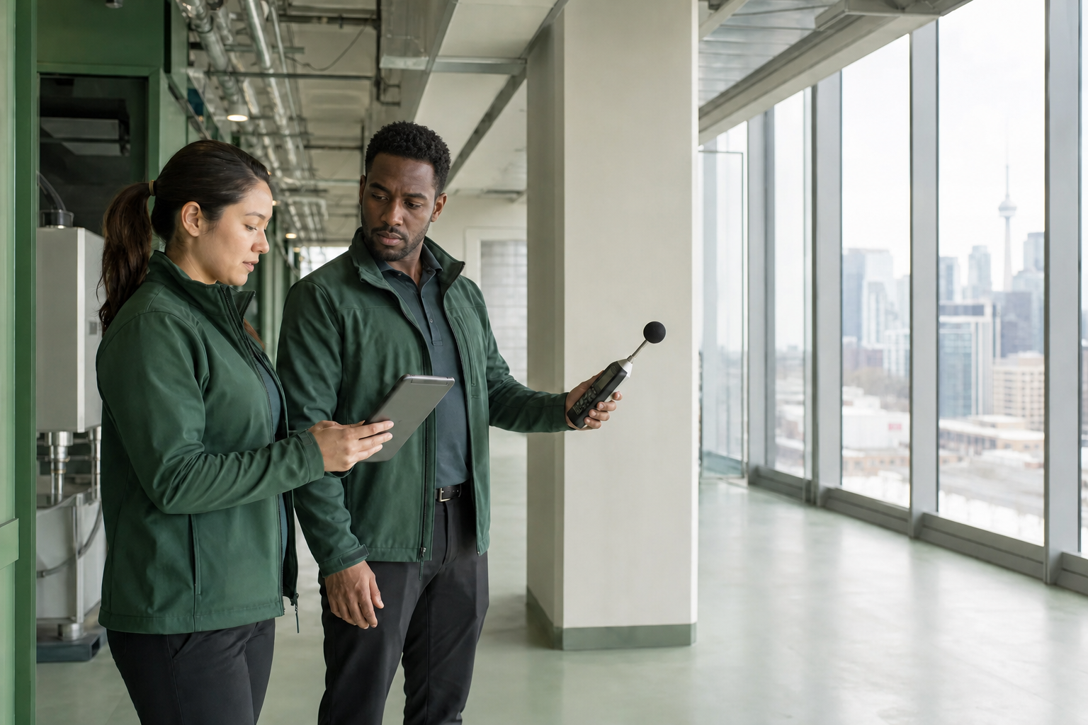 Environmental consultants taking indoor air readings in a Toronto commercial building